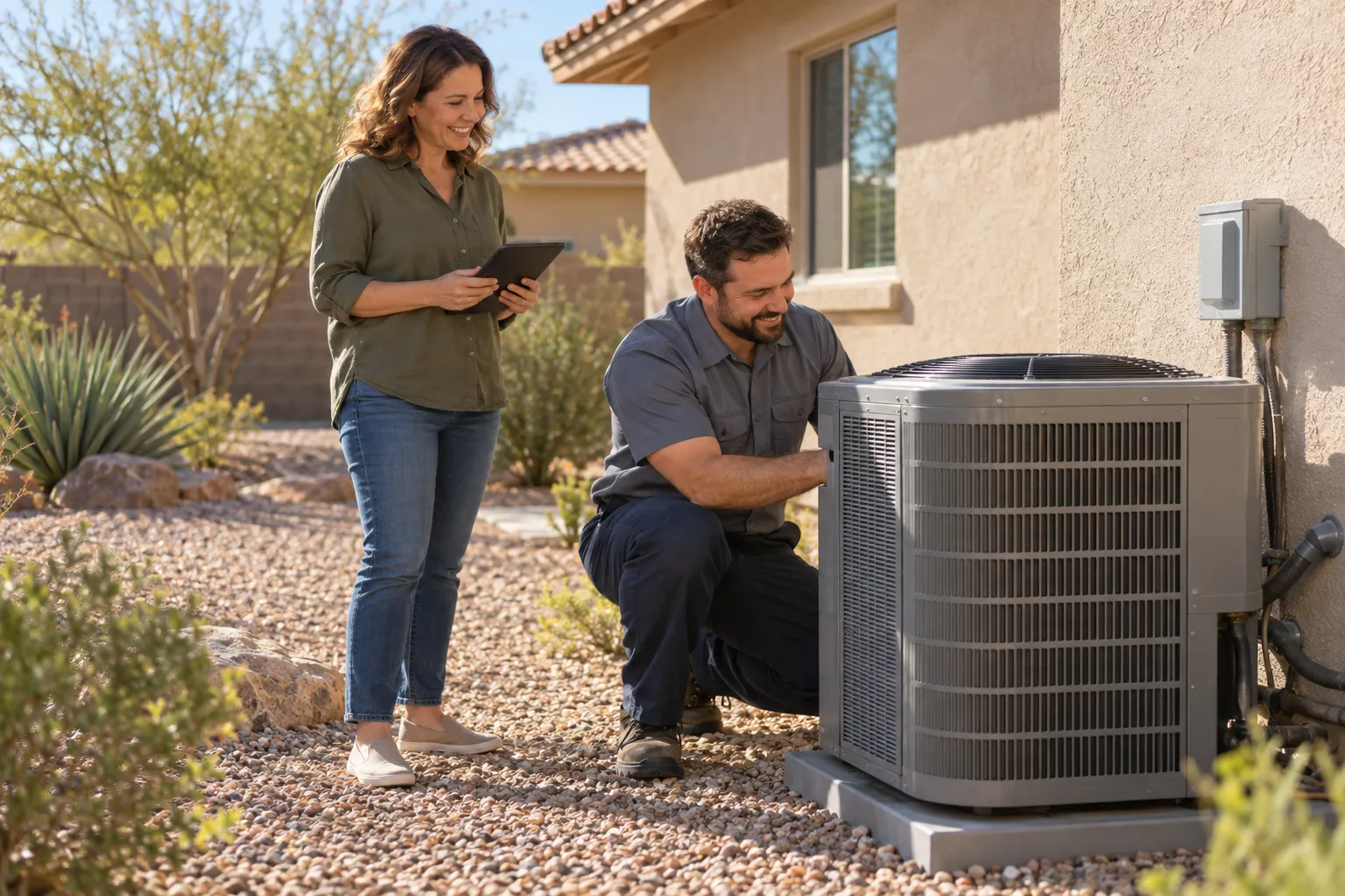 Friendly HVAC provider checking an outdoor air conditioner at a stucco home in Richmond